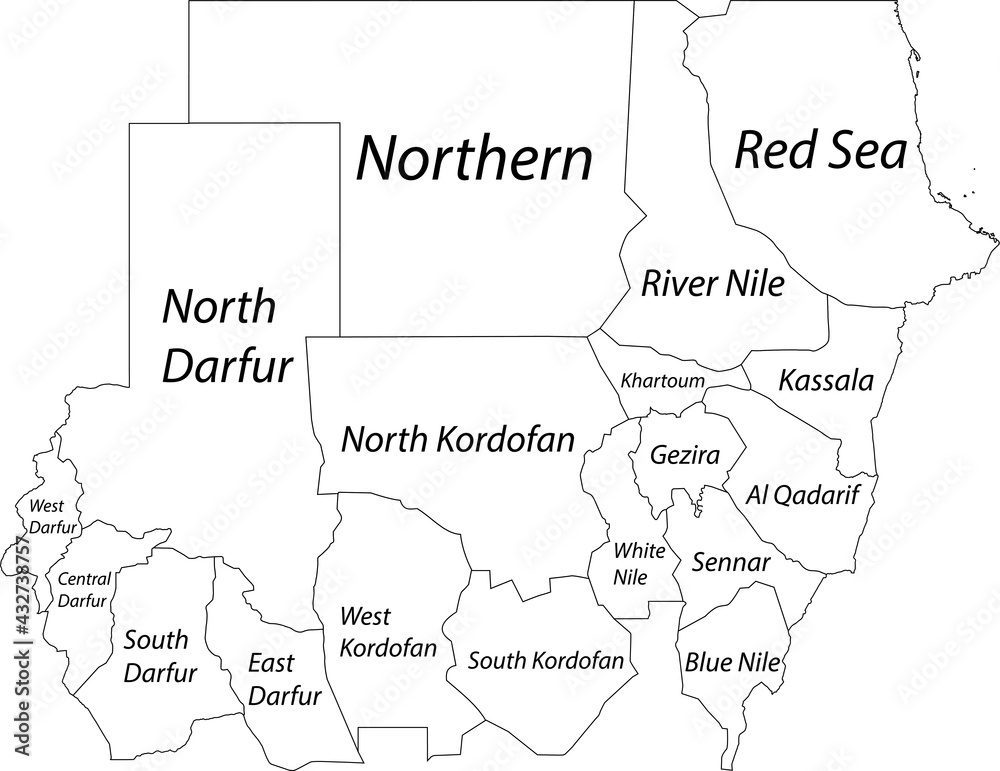White blank vector map of the Republic of Sudan with black borders and names of its states