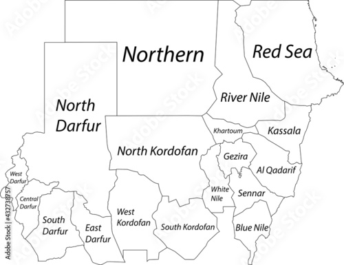 White blank vector map of the Republic of Sudan with black borders and names of its states