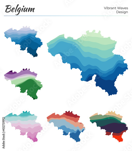 Set of vector maps of Belgium. Vibrant waves design. Bright map of country in geometric smooth curves style. Multicolored Belgium map for your design. Stylish vector illustration.