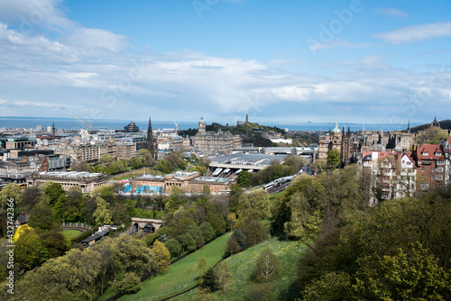 The north city landscape and Calton Hill view from the Edinburgh Castle hill, Scotland. 