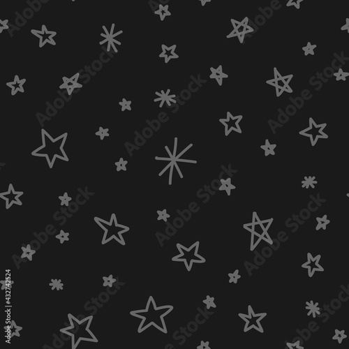 Hand drawn stars seamless pattern. Monochrome texture background of star doodle illustrations.