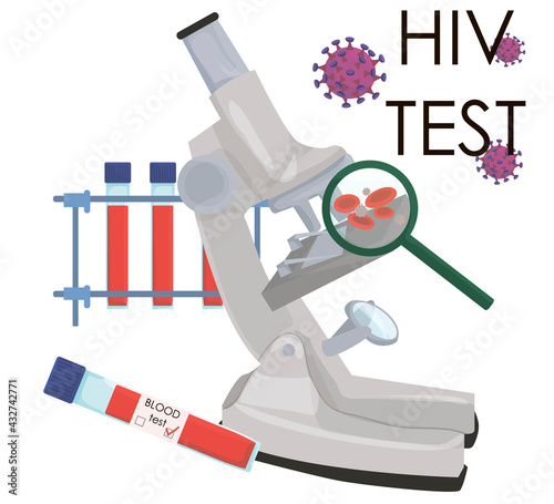 HIV test analyzes. donating blood for sexually transmitted diseases. aids day. checking blood tests through a microscope. vector flat.