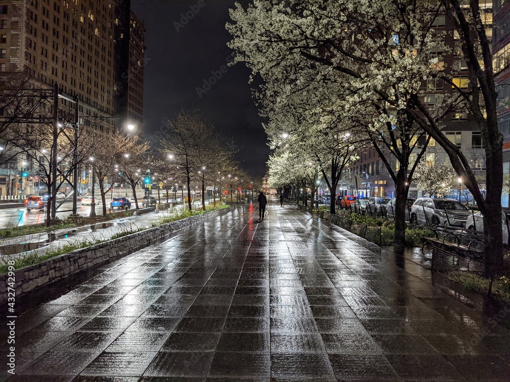 Rainy night in Downtown Manhattan, New York City - April 2021