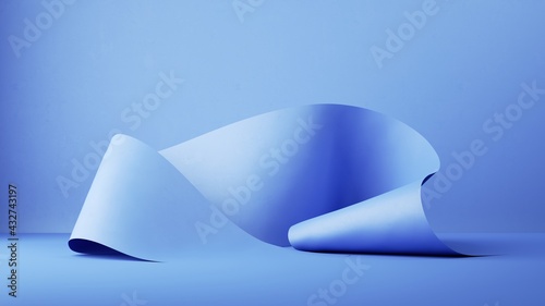 3d render, abstract fashion background with fallen folded blue paper ribbon