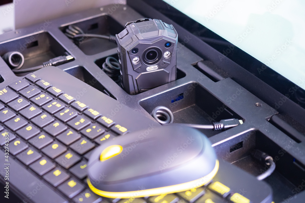 Computer mouse and keyboard next to DVR. Breast DVR within charging  station. Concept - video recorder with internet control function. Keypad as  a symbol for remote control of recorder. Stock Photo