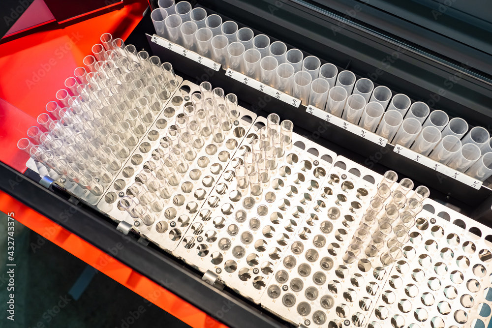 Metal racks for test tubes, top view. Lab equipment. Racks for