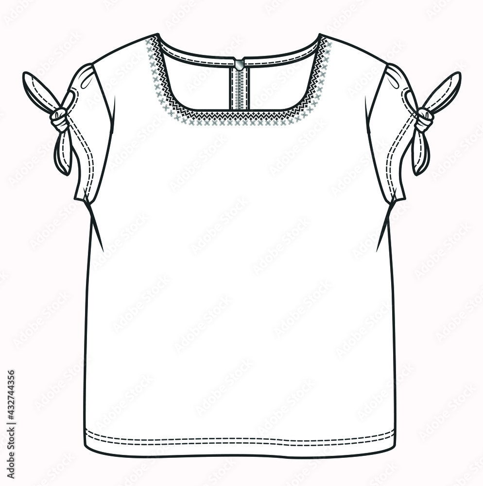 Knot detail t shirt fashion drawing for girls. Girls clothes flat sketch Knot detail t shirt fashion drawing for girls. Girls clothes flat sketch