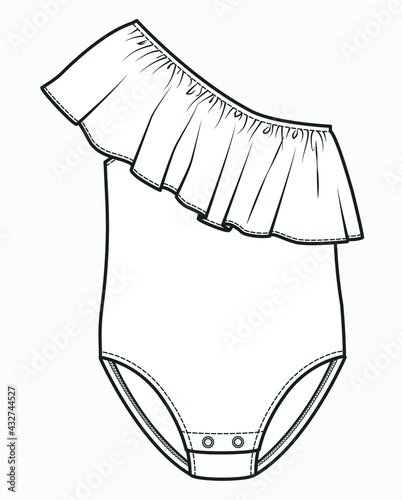 Swimsuit technical drawing. Swimsuit fashion flat sketch.