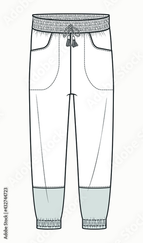 Sweatpants fashion flat sketches. Apparel template. JOGGING PANTS fashion flat sketch, apparel template. High-waisted pants with adjustable drawstring elastic waistband.