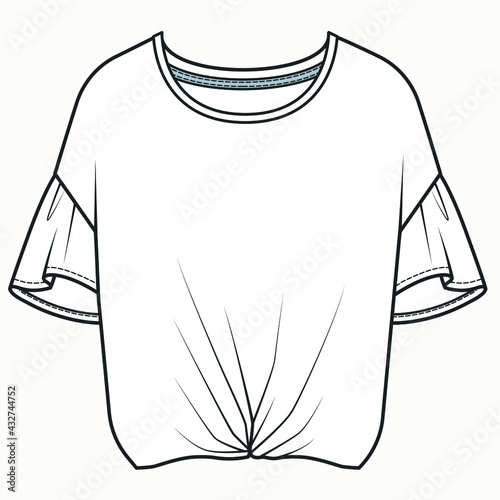 T shirt flat sketch FOR GIRLS. Technical drawing of fashion t shirts for girls. Fashion vector illustration for girls. Girls clothing design template. Fashion technical drawing.