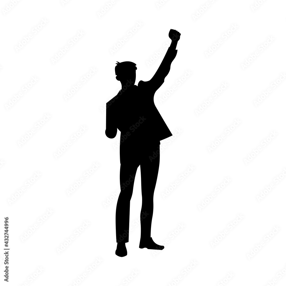 Man raised one hand up. Vector illustration of men with arms raised. Businessman in a suit rejoices in success. silhouettes isolated on a white background. Fun, emotional, festive. EPS