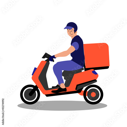 Delivery service on red scooter, motorcycle. Fast worldwide shipping EPS