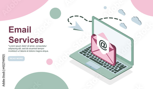 Web page design template. Email service isometric vector illustration. Webmail or mobile service layout for website landing header. EPS 10.