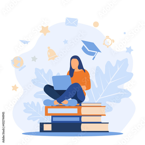Girl sitting on pile of books with laptop. Concept illustration of e-learning, distance studying and self education. Young woman student character in simple trendy flat style. EPS
