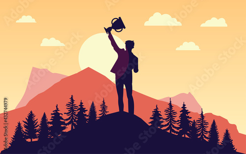 Prevail - Silhouette of man with raised hands trophy in front of sun. Landscape, nature and mountains in background. Winner, conquer, mission accomplished concept. Vector illustration. EPS