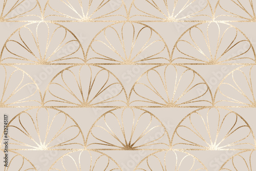 Mid century modern seamless pattern with gold rattan arch of flowers.