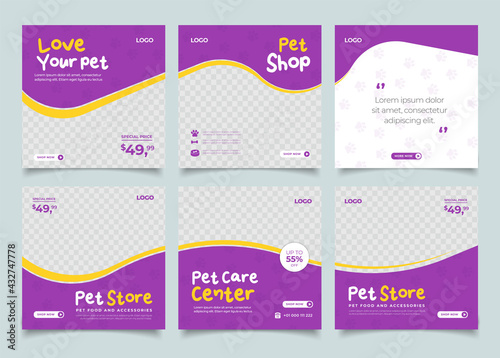 Pet shop social media post template design with photo collage.