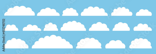 White flat vector cloud set. Clouds cartoon symbols on blue background with shadow for web site design, logo, app. Bubble icon collection for infographic design. Label and stickers