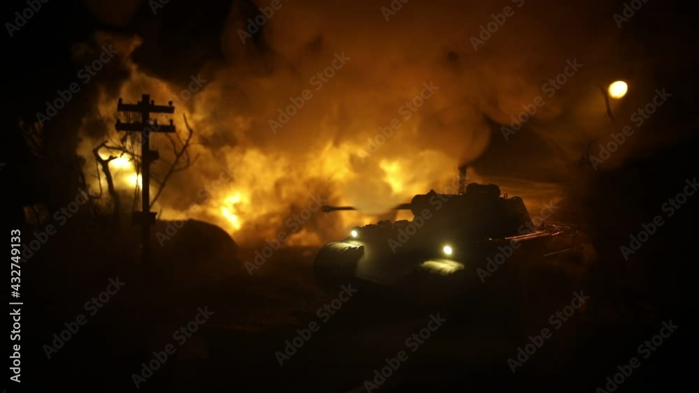 War Concept. Military silhouettes fighting scene on war fog sky background, World War Soldiers Silhouette Below Cloudy Skyline At night. Armored vehicle fight scene. Selective focus