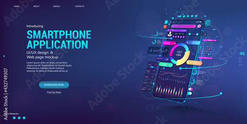 Web banner Business App with smartphone in perspective position. Financial analysis and data statistic. Presentation concept App, UI, UX design, capabilities. Trading and stock market forex. Vector