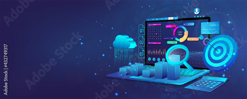 Audit, Business analysis, financial management, growth strategy and financial goal. Business development concept. Web banner with laptop, 3D cloud, calculator and dashboard with financial analysis.