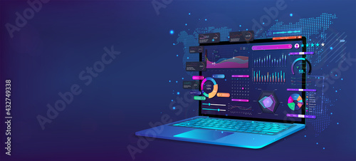 Perspective laptop position with business analysis app dashboard. Analysis of readings and data, online statistics, business forecast and progress tracking. Business dashboard on laptop. Vector photo