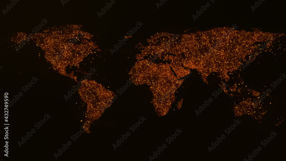 Orange earth digital technology, business and communications background. Animation of the Earth globe with plexus particles.