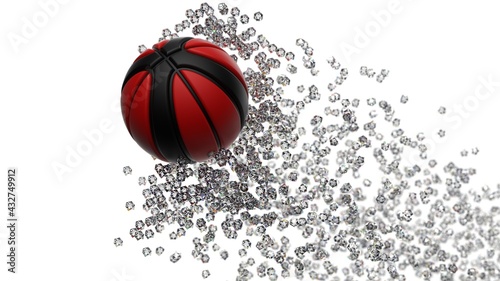 Black-Red Basketball with Diamond Particles under white lighting background. 3D illustration. 3D high quality rendering.
