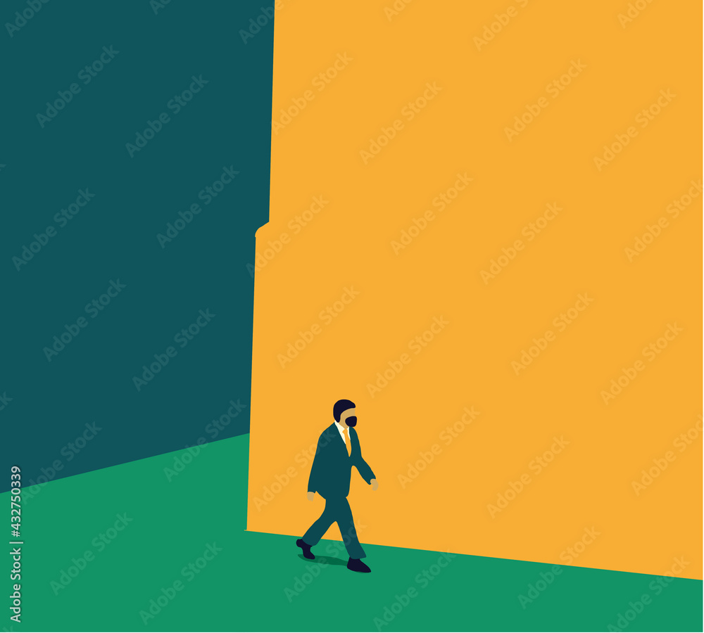 Fototapeta premium Businessman wears protective medical mask, walks in city street going to work. Health and safety life from coronavirus and pandemic. High contrast color.