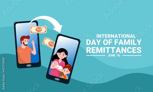Vector illustration of a father transferring money using the m-banking application on a smartphone, as a banner or poster, The International Day of Family Remittances (IDFR)