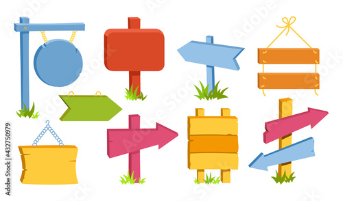 Wooden signs colored empty billboard cartoon set. Rural arrow pointer. Blank various forms planks tablet vintage or old retro banners. Hand drawn signpost, rustic signboard vector illustration
