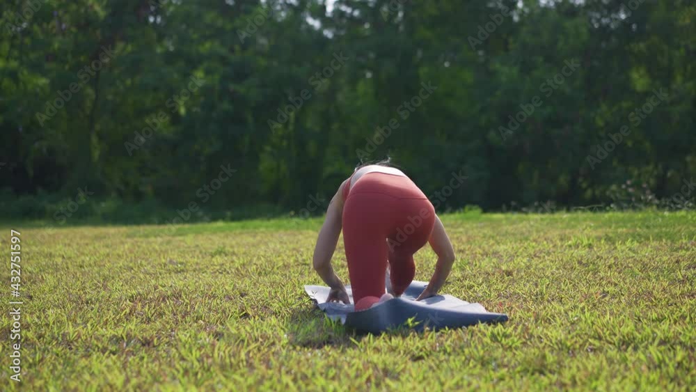single asian chinese female yogi yoga on morning green garden meadow single asian chinese female yogi yoga on morning green garden meadow