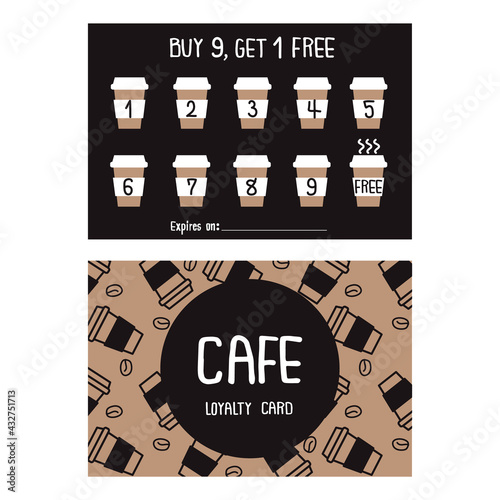 Stamps card collect 9 get 1 free, promotion cafe card or loyalty voucher.