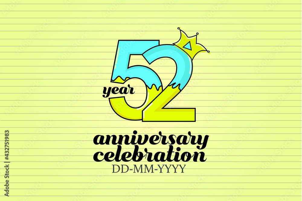 52 year anniversary blue and yellow color cartoon style, sweet style, candy look, with paper book style background - vector
