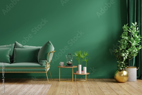 Interior mockup green wall with green sofa and decor in living room. photo