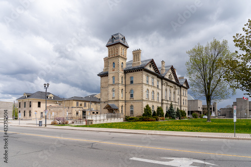 Brantford, On, Canada - May 8, 2021: Brant County Courthouse in Brantford, On, Canada. Designed in the Greek Revival style, the Brant County Court House was erected in 1852. 