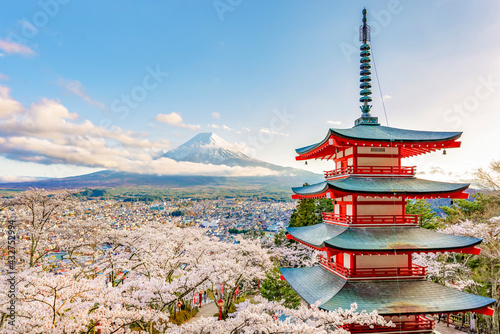 Chureito pagoda with Fuji Mountain Background in Spring Sakura Festival, Japan 