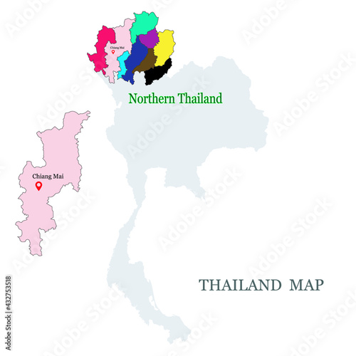 Maps of Northern Thailand with 9 Province in different colors, Chiang mai, Chiang rai, Phrae, Phayao, Lampang, Lamphun, Maehongson, Uttaradit, Nan and have Map pin on Chiang Mai Province