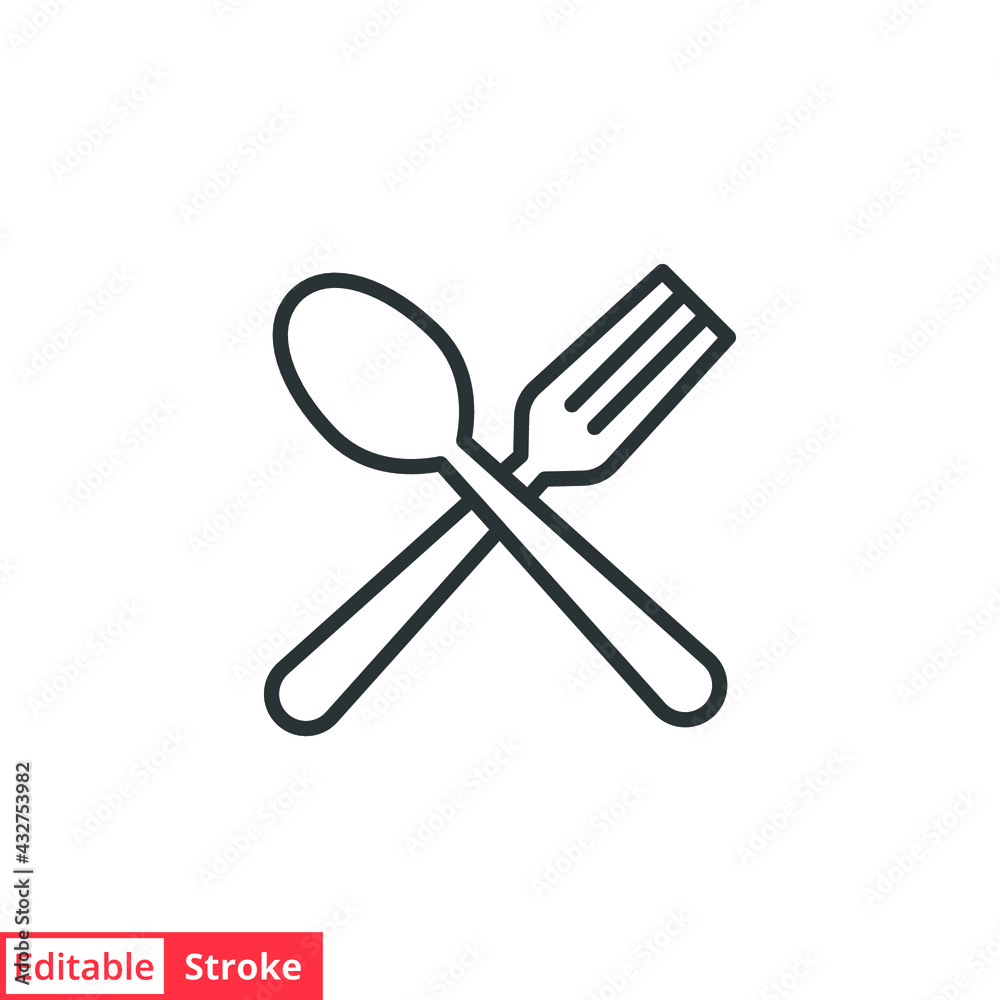 Spoon and fork line icon. Simple outline style. Spoon, fork, silverware, kitchen, cutlery, table, restaurant concept. Vector illustration isolated on white background. Editable stroke EPS 10 Spoon and fork line icon. Simple outline style. Spoon, fork, silverware, kitchen, cutlery, table, restaurant concept. Vector illustration isolated on white background. Editable stroke EPS 10