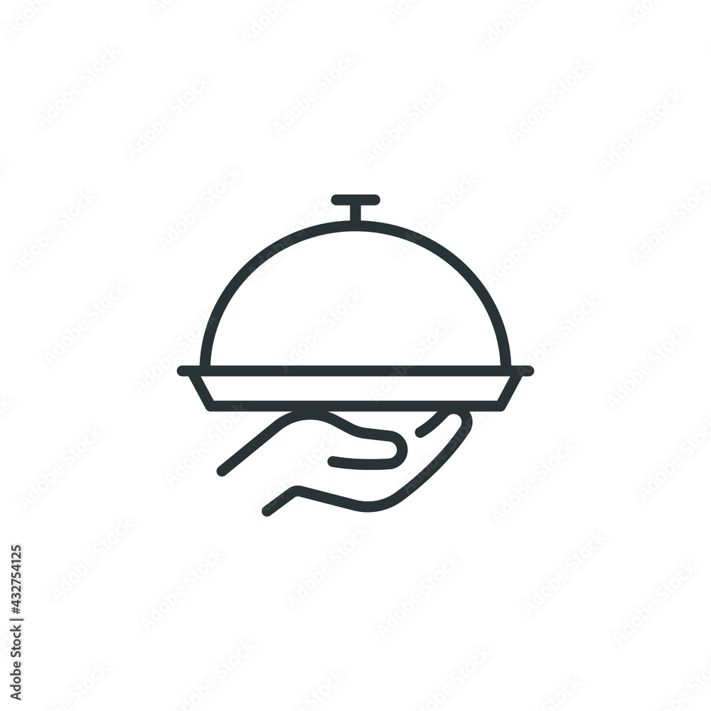 Obraz premium Food tray line icon. Simple outline style. Food, hand, restaurant, tray, waiter, cloche, dinner, dish, guest, plate, restaurant concept. Vector illustration isolated on white background. EPS 10