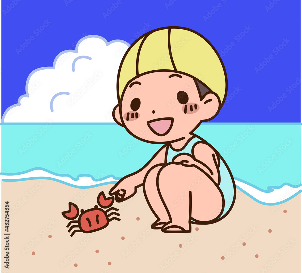 浜辺で蟹と観察する水着の女の子 浜辺で蟹と観察する水着の女の子