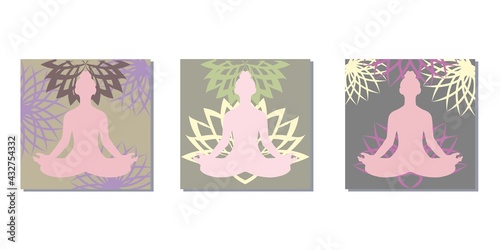 Healing and relaxation concept lotus flower decoration with Woman in yoga pose illustration template. Set of floral square vector template. card, greeting, invitation and web design.