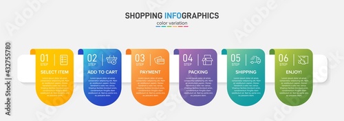 Concept of shopping process with 6 successive steps. Six colorful graphic elements. Timeline design for brochure, presentation, web site. Infographic design layout.