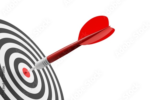 Single dart arrow hitting center of goal target over white background, success, goal achievement or performance concept