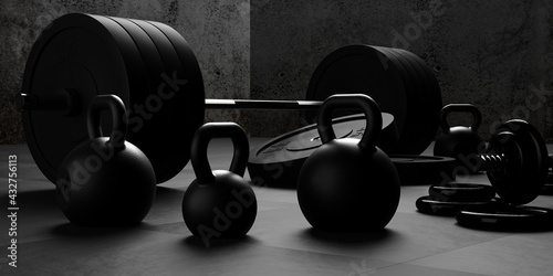 Barbell, kettlebells and dumbbells with black plates on floor on black mats gym room background, sport, fitness, exercise or weightlift concept