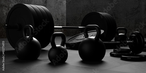 Slika na platnu Barbell, kettlebells and dumbbells with black plates on floor on black mats gym