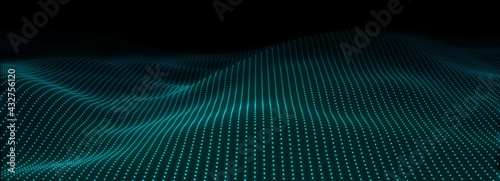 Cyan wave points terrain or landscape over black background, technology or business template