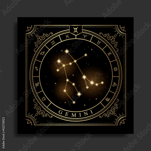 Gemini zodiac constellation symbol with modern, esoteric and boho styles. Fit for paranormal, tarot readers and astrologers