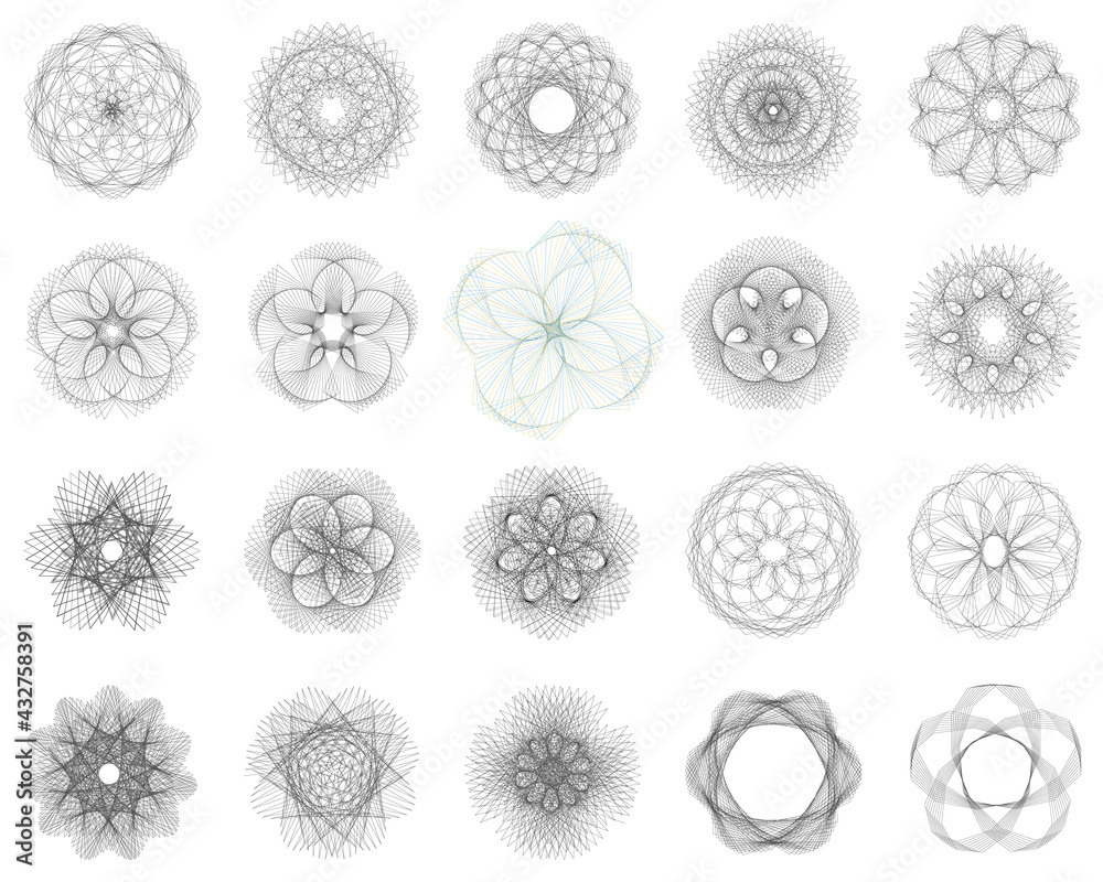 Set Of Asymmetric Guilloche Rosette Stamp Element Design Vector Templates For Certificate Diploma Currency Money Mandala Voucher Created Using Ai Cs6 Stock ベクター Adobe Stock