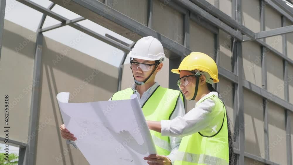 Asian young engineer man explaining job on drawing to female worker. Asian young engineer man explaining job on drawing to female worker.